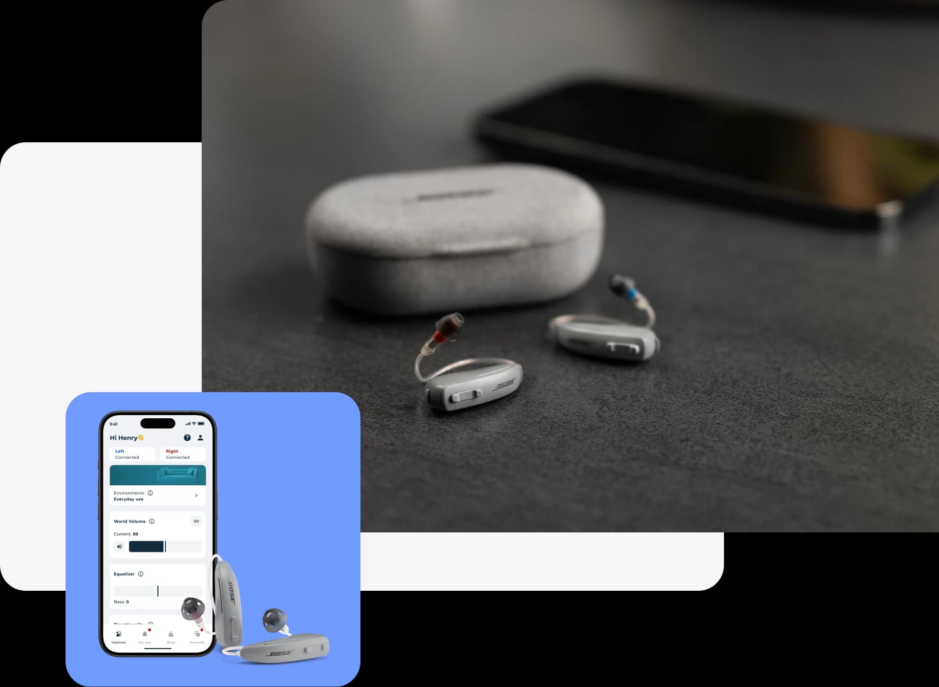Lexie B2 Plus hearing aids Powered by Bose on a counter next to a phone showing the Lexie app.