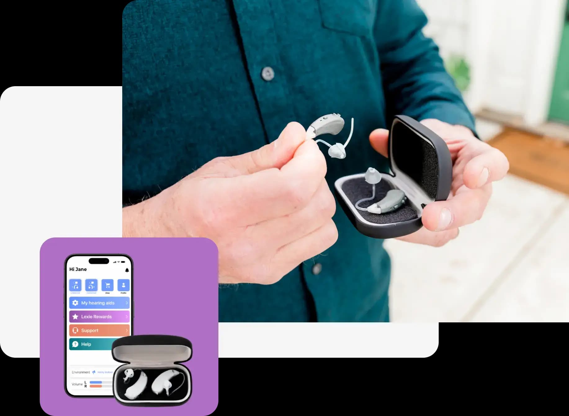 Lexie B2 Plus hearing aids Powered by Bose on a counter next to a phone showing the Lexie app.